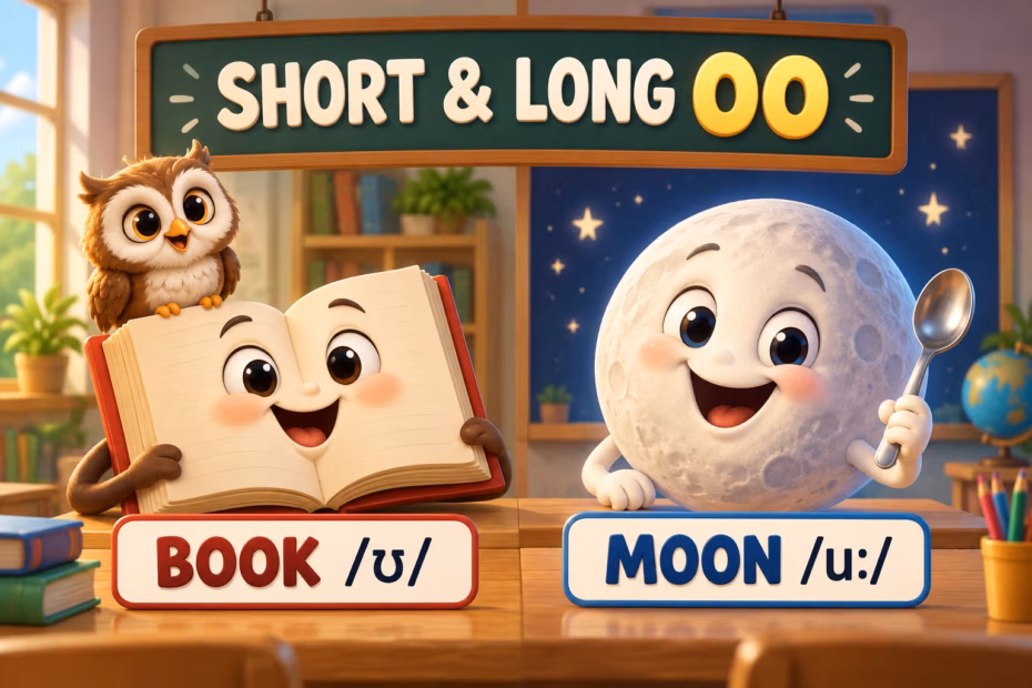 Animated owl, smiling book, and moon illustrate book /ʊ/ and moon /uː/ vowel sounds.