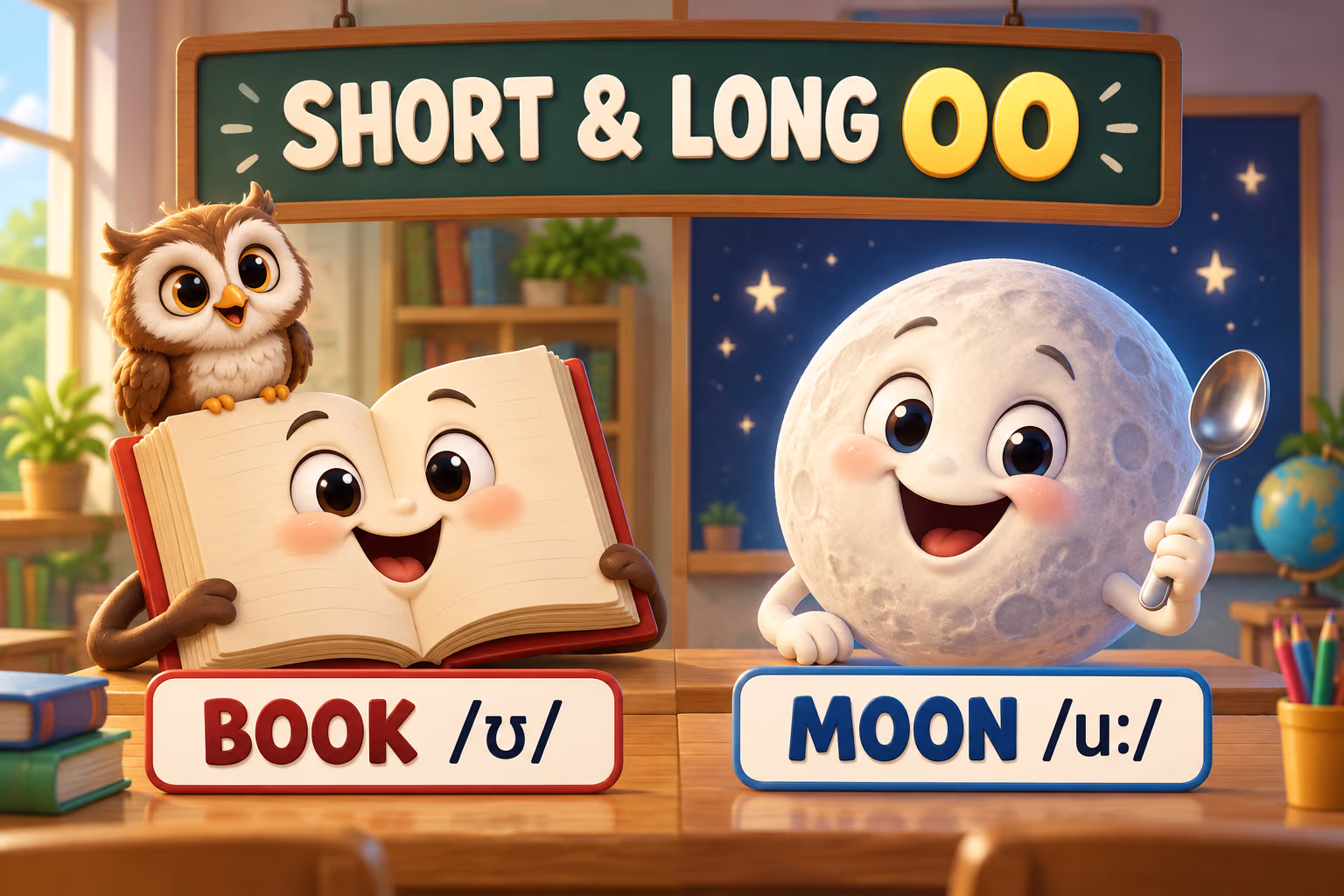 Pixar-quality animated owl beside a smiling book and moon, labeled book /ʊ/ and moon /uː/ under Short and Long OO