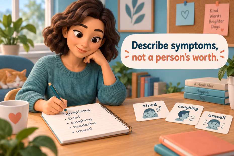 Vocabulary notebook lists tired, coughing, and unwell. Text: “Describe symptoms, not a person’s worth.”