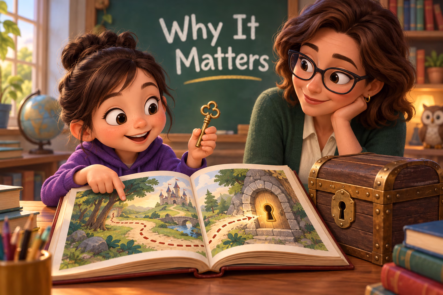 A learner finds the key that solves a storybook puzzle, showing how context reveals why something matters.