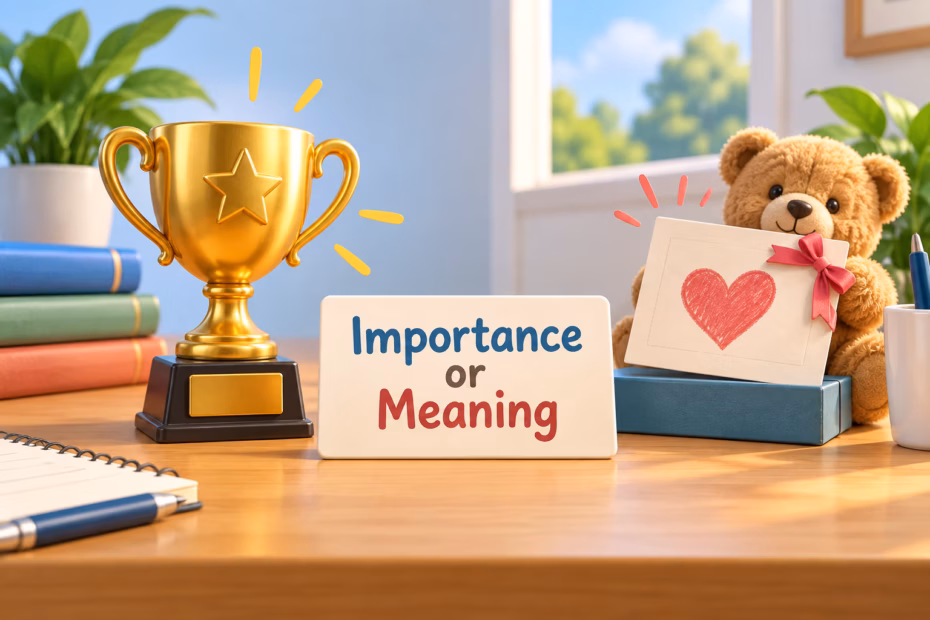 A trophy represents importance while a treasured note represents special meaning, illustrating two senses of significance.