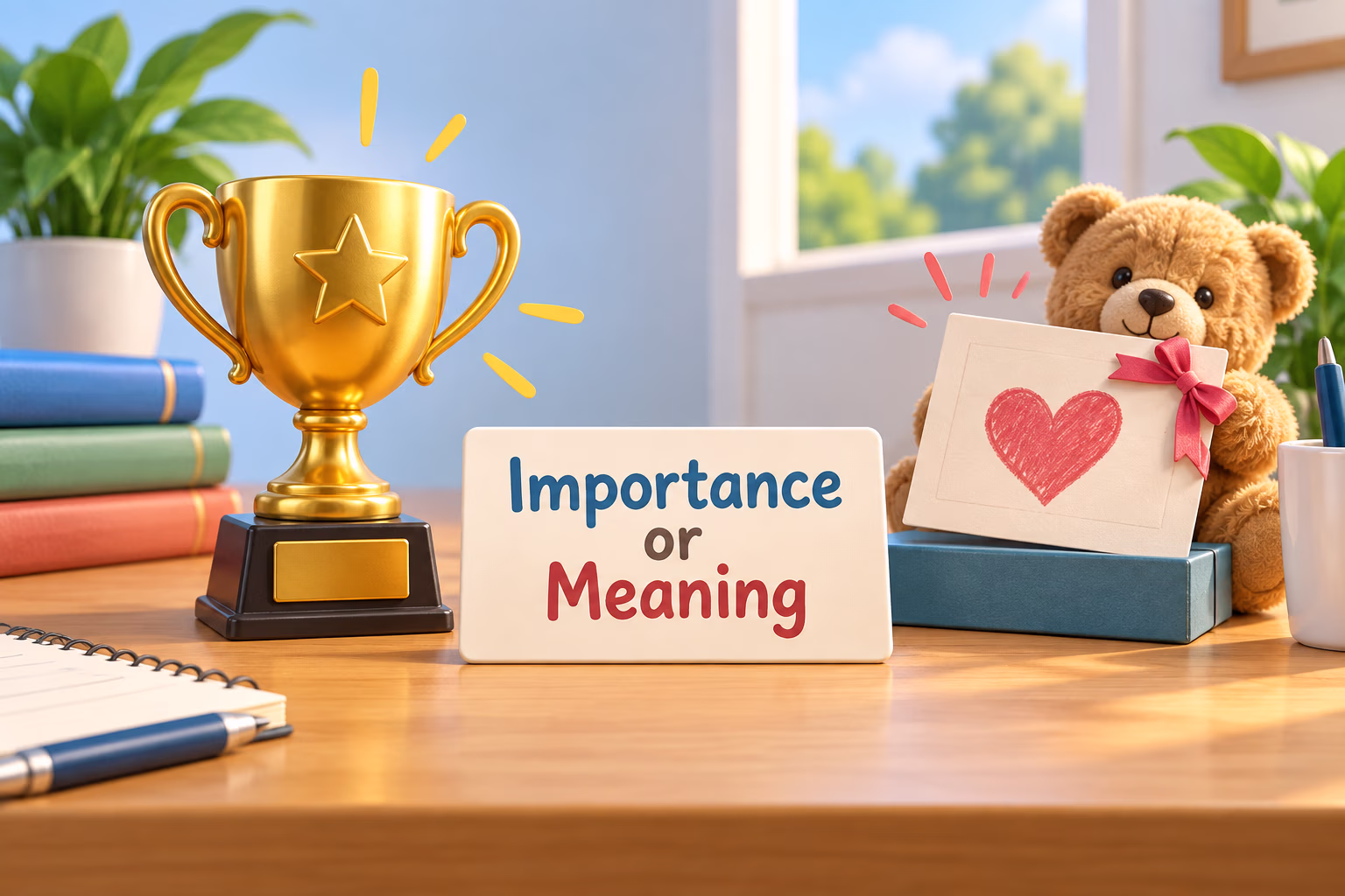 A trophy represents importance while a treasured note represents special meaning, illustrating two senses of significance.