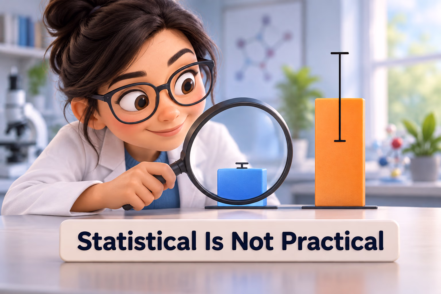 A researcher compares a tiny precisely measured change with a larger uncertain change, showing that statistical significance is not practical importance.