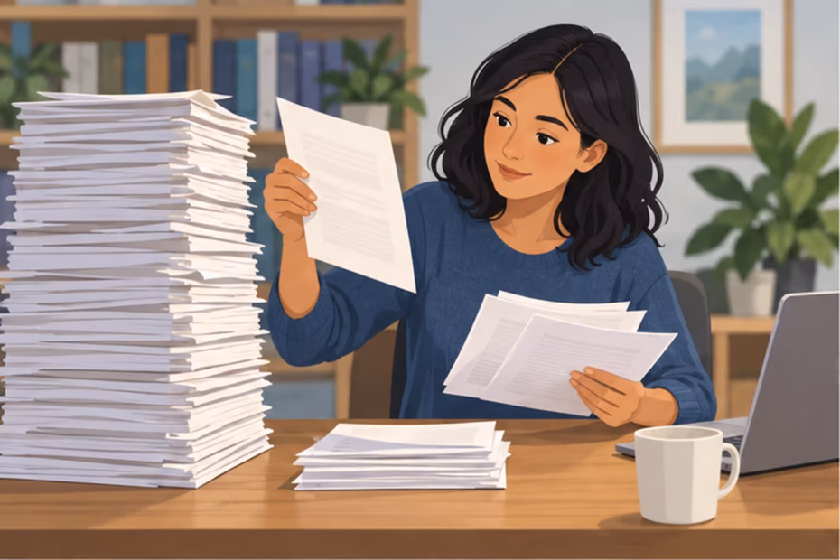 A researcher selecting a few important papers from a large stack.