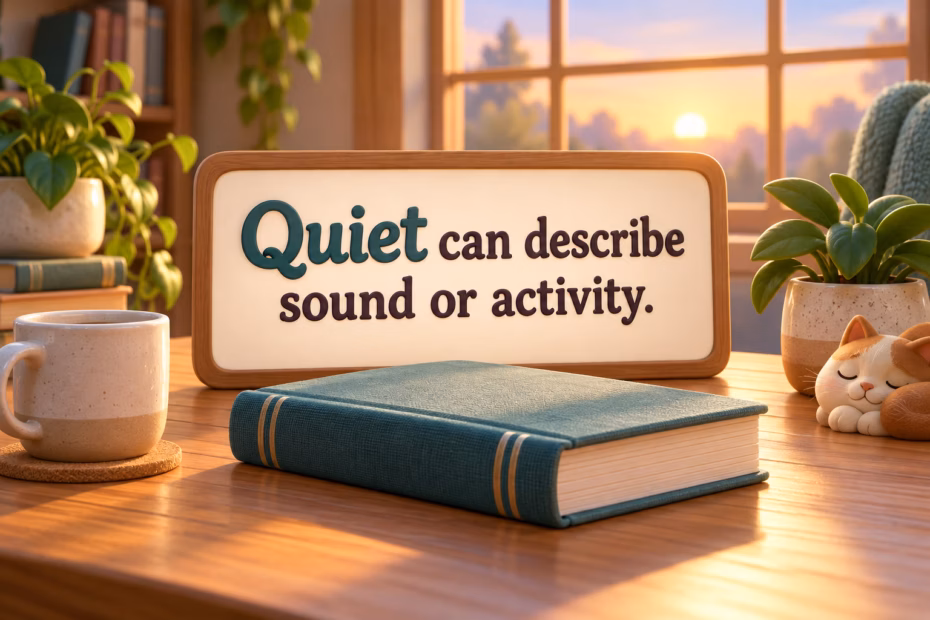 A quiet reading room illustrates how quiet can describe both sound and activity.