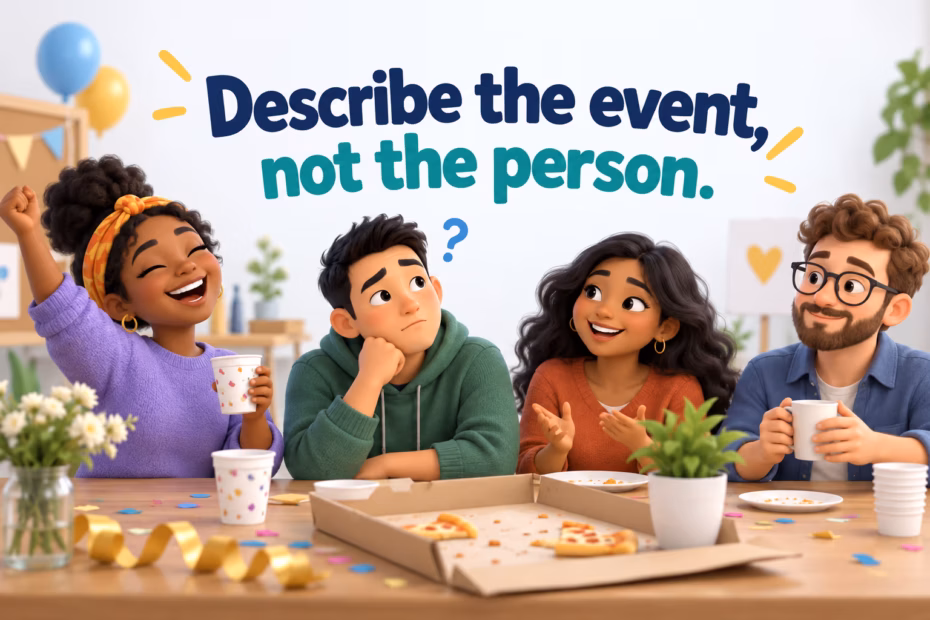 Friendly people reflect on an event. Text: Describe the event, not the person.