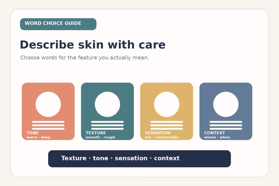 An abstract four-part skin word guide: tone, texture, sensation, and context.