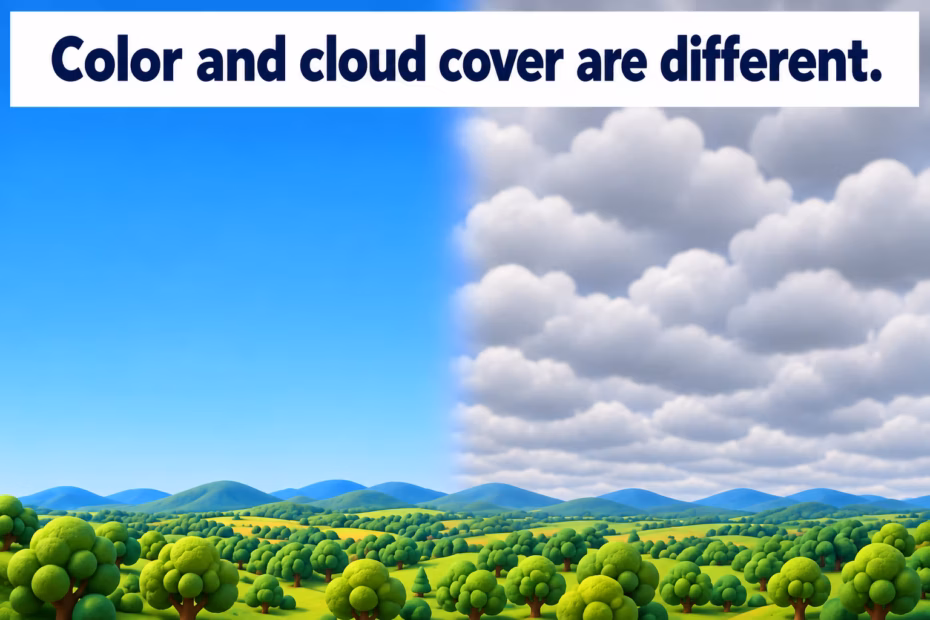 A playful 3D cartoon landscape split between a cloudless blue sky and a gray cloud-covered sky; the contrasting colors and cloud cover are separate visible qualities.