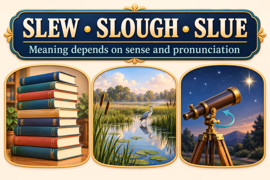 Three word labels, slew, slough, and slue, beside books, a marsh, and a pivoting telescope illustrating their overlapping meanings