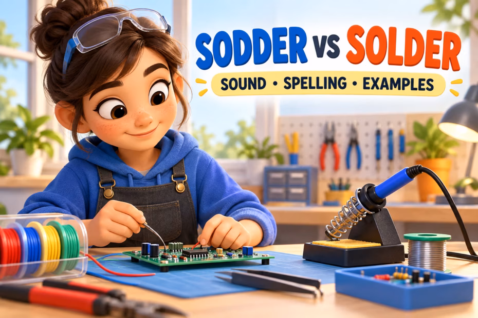 Animated workshop guide contrasts the sound ‘sodder’ with the standard spelling ‘solder’.