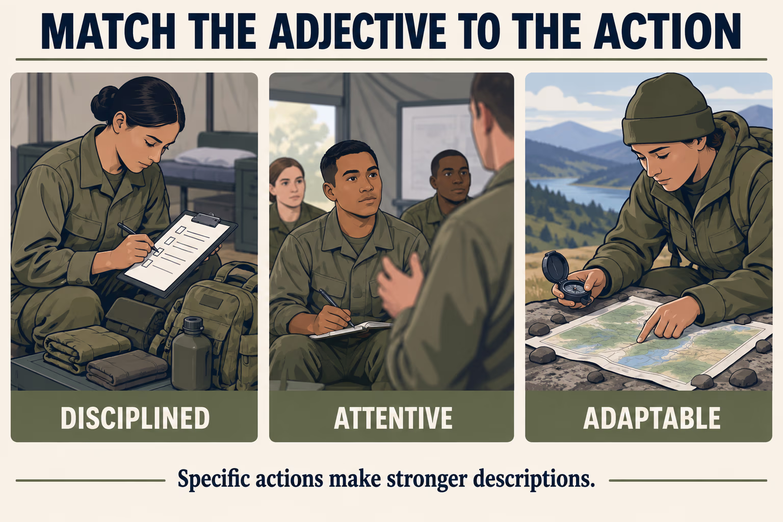 Examples linking disciplined, attentive, and adaptable adjectives to specific actions