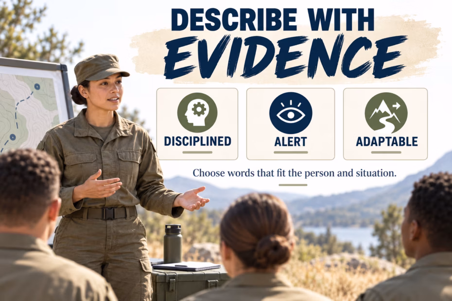 Educational illustration of a service member with the words disciplined, alert, and adaptable