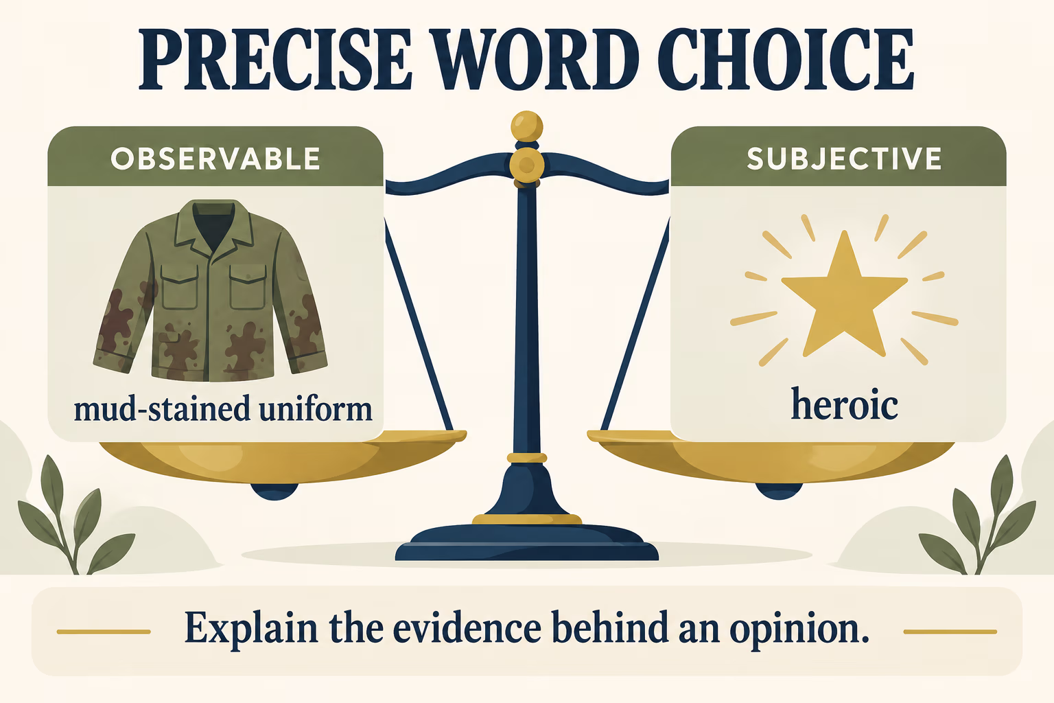 Word-choice visual contrasting an observable description with the subjective word heroic