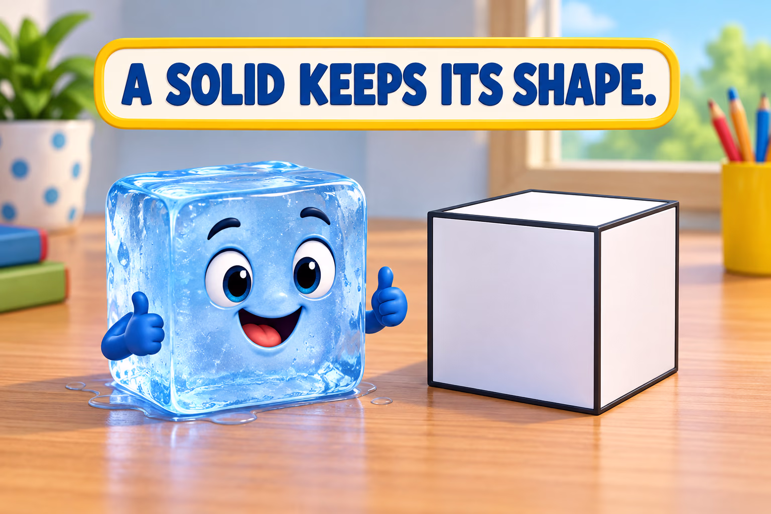 A cartoon ice cube keeps its shape beside a block outline, illustrating a solid state of matter.