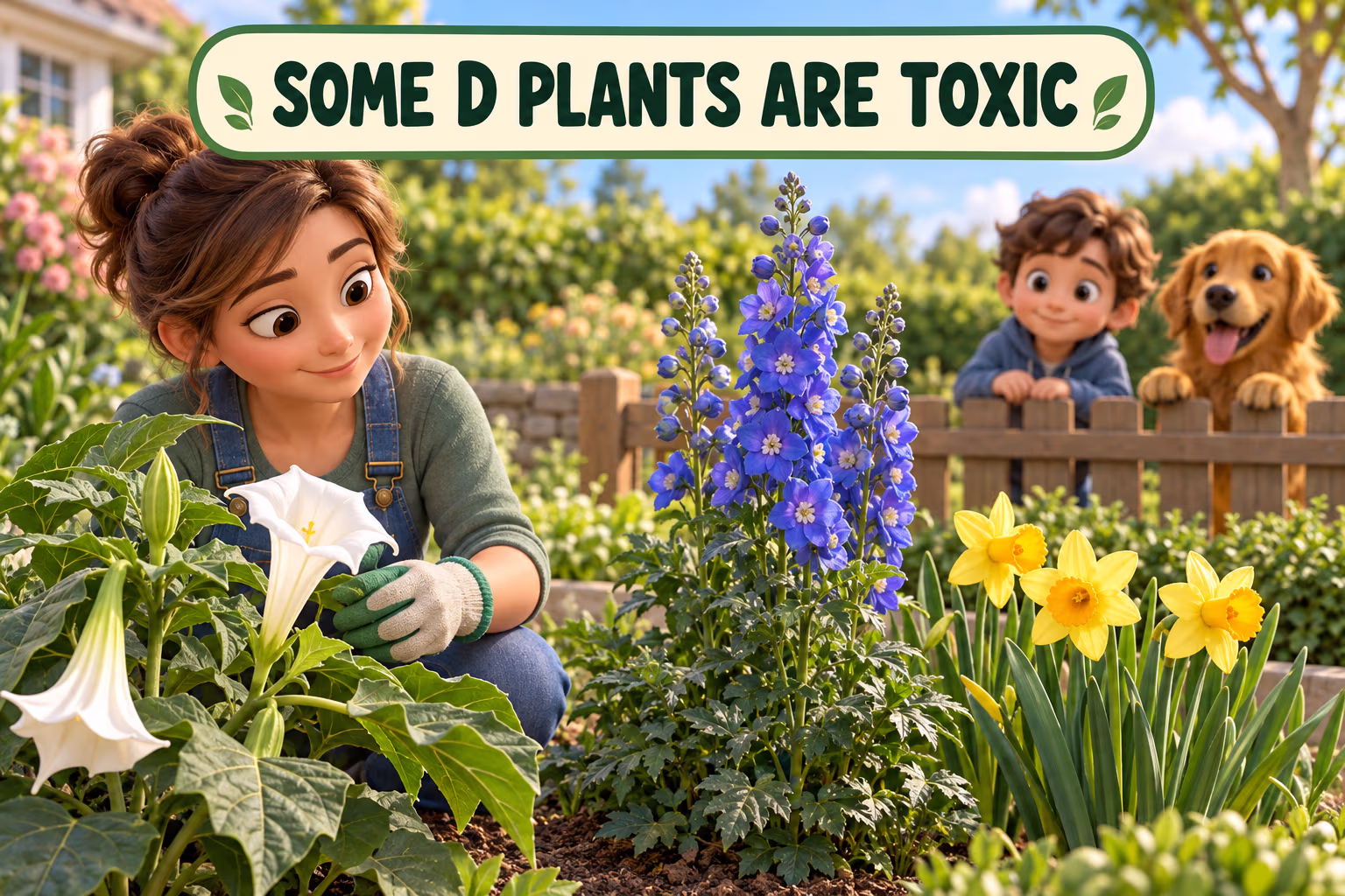 A gloved gardener tends Datura, delphinium, and daffodils while a child and dog stay behind a garden barrier