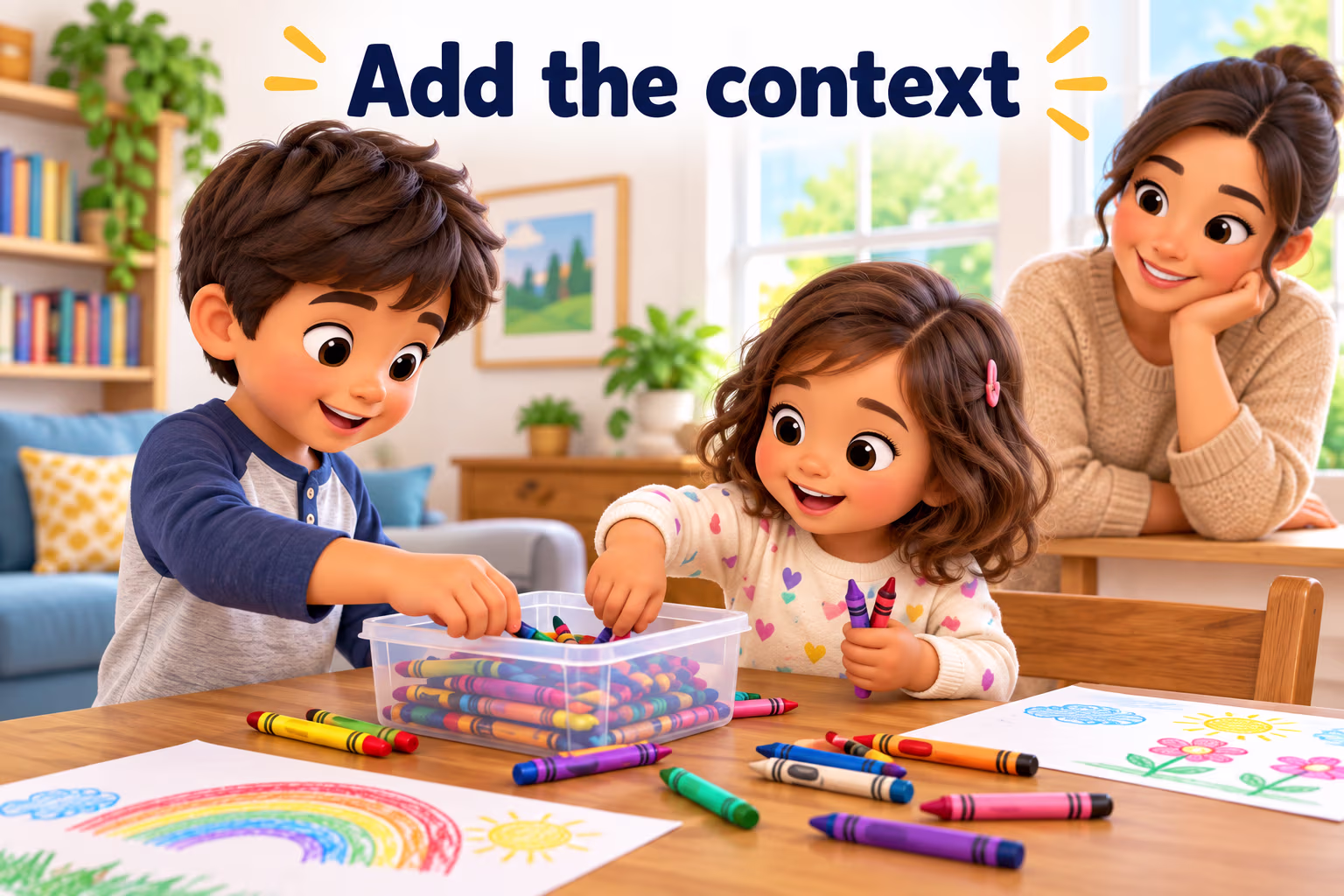 A boy and younger sister choose crayons while an adult observes. The sign reads “Add the context.”