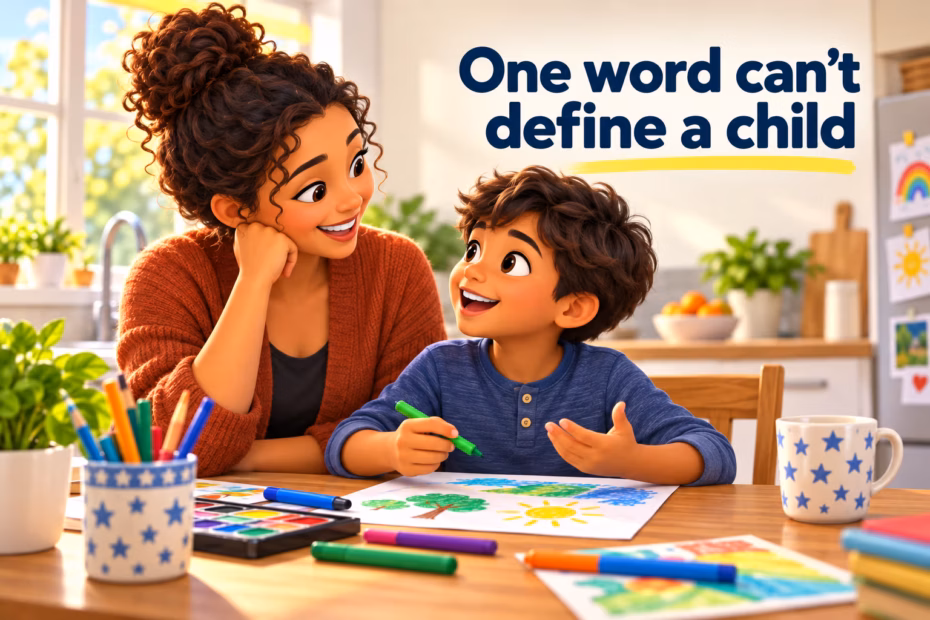 A parent listens as her son talks and draws at a kitchen table. The sign reads “One word can’t define a child.”
