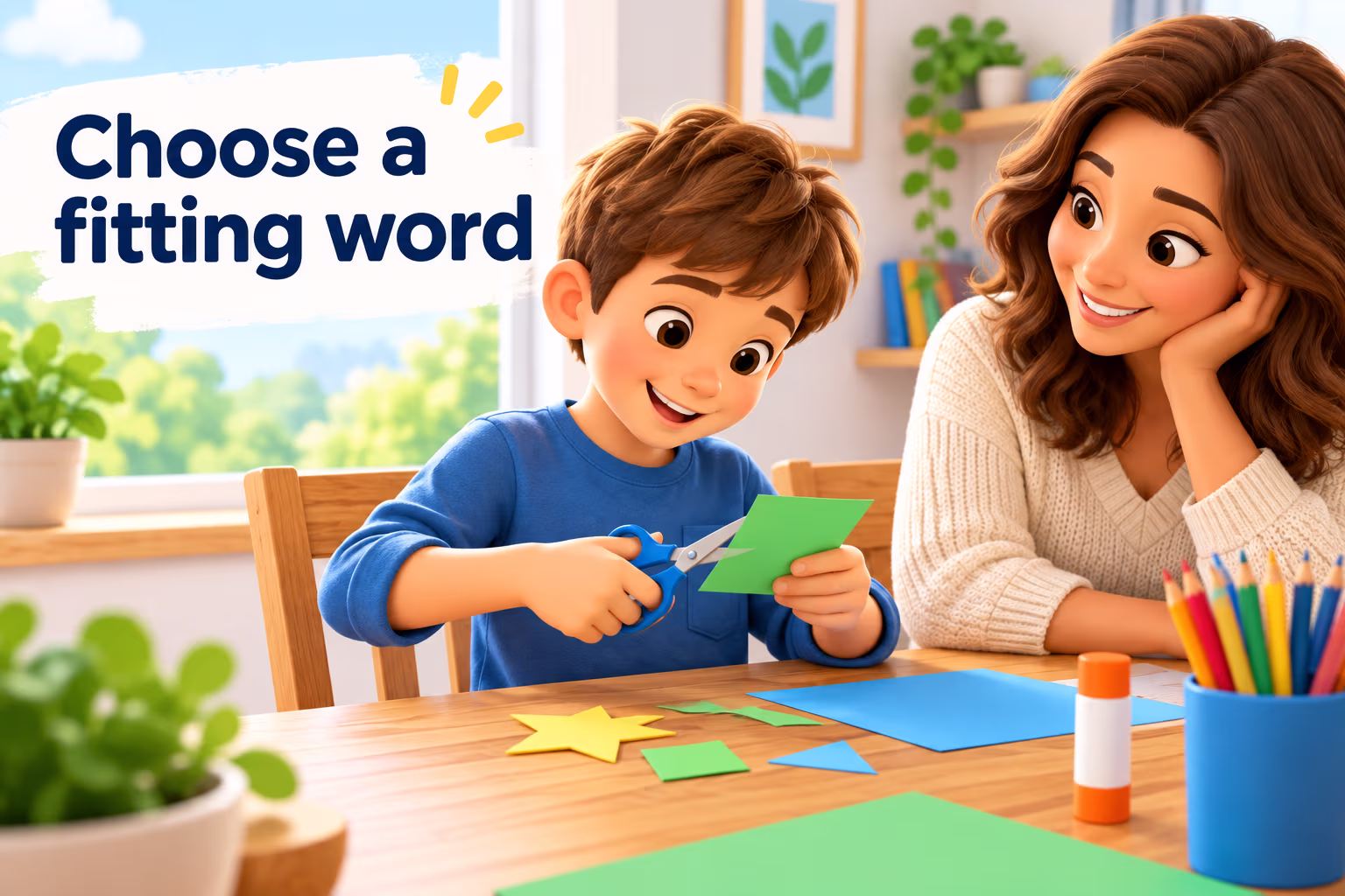 A boy cuts a green paper shape while an adult watches. The sign reads “Choose a fitting word.”