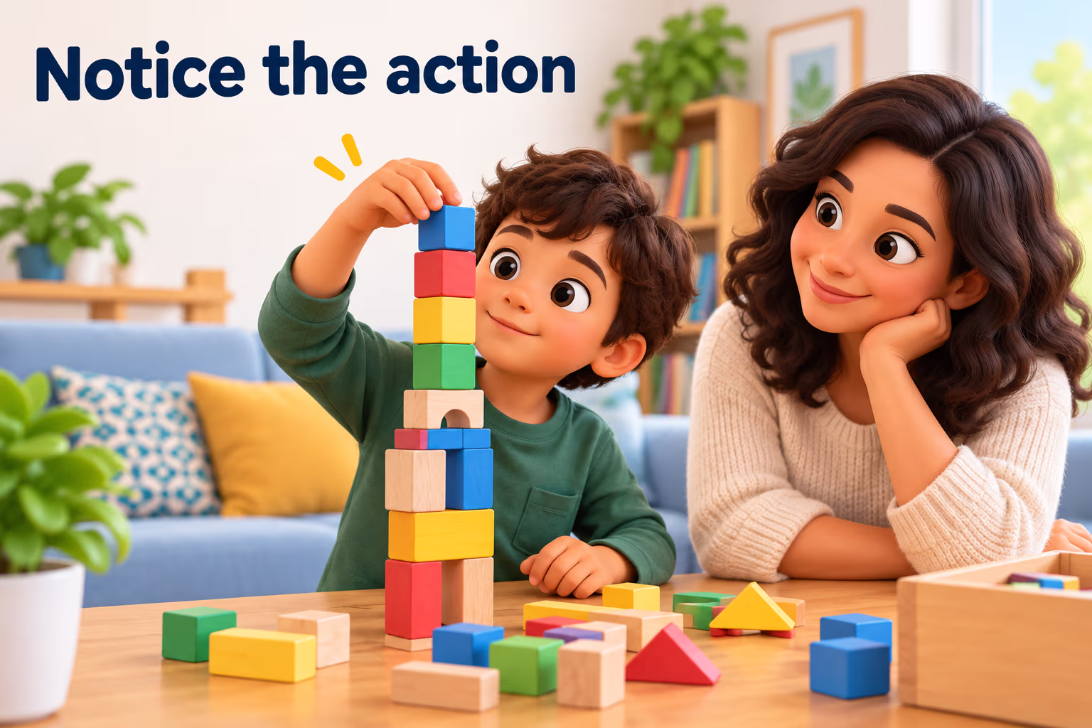 A boy carefully adds a block to a tower while an adult watches. The sign reads “Notice the action.”