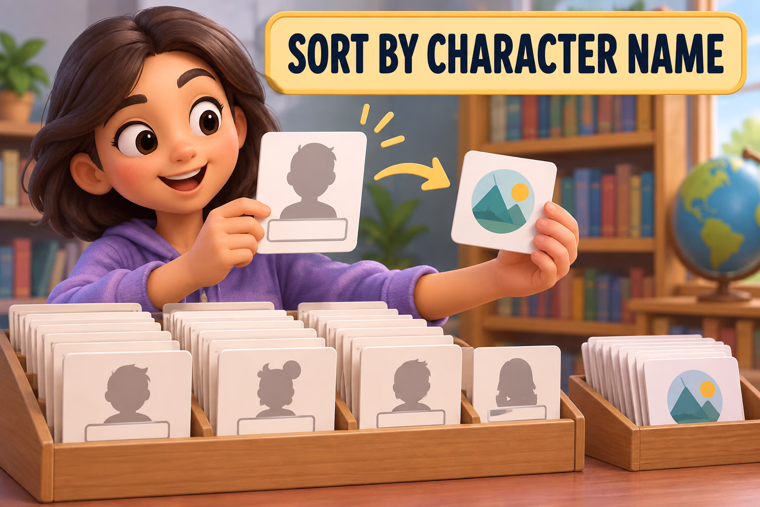 A reader matches a blank character profile card to a separate series card. Text: Sort by character name.