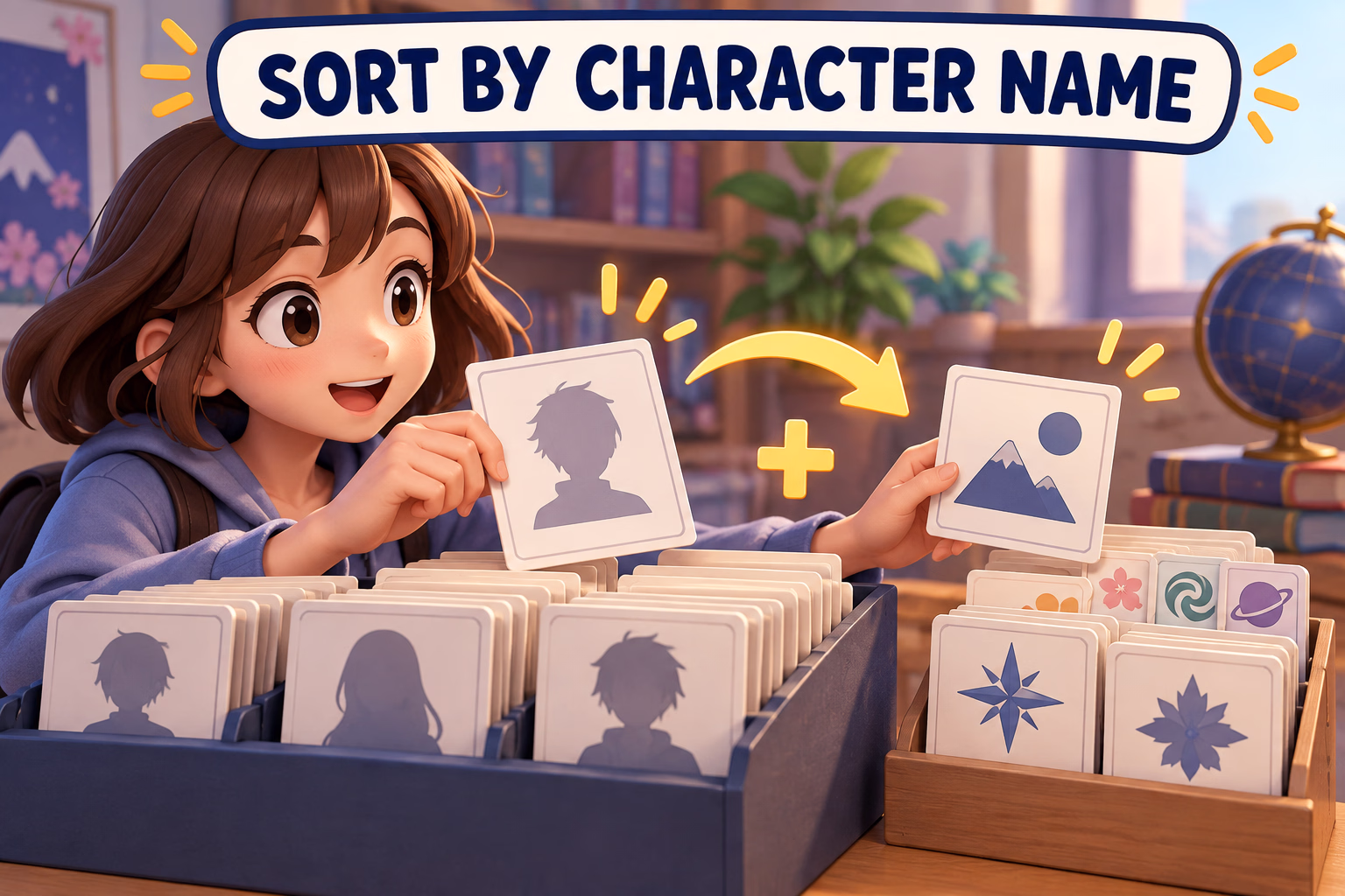 A reader selects a blank character card and pairs it with a series card. Text: Sort by character name.