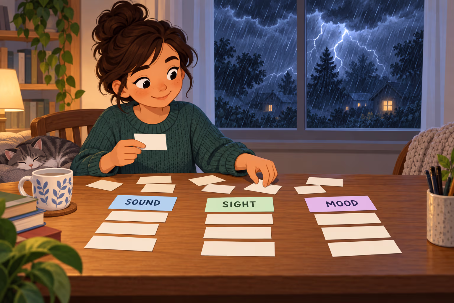 A writer sorts storm description words into sound, sight, and mood groups.