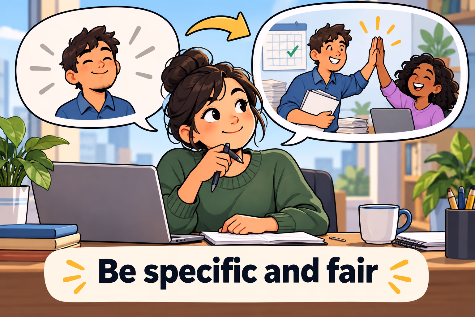 A writer turns a vague compliment into a specific evidence-based example about a colleague meeting a deadline and helping a teammate.