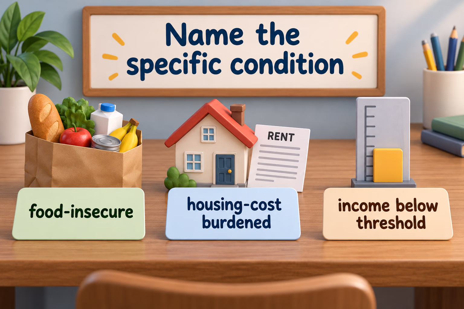 Examples of specific poverty-related conditions: food insecurity, housing-cost burden, and income below a stated threshold.