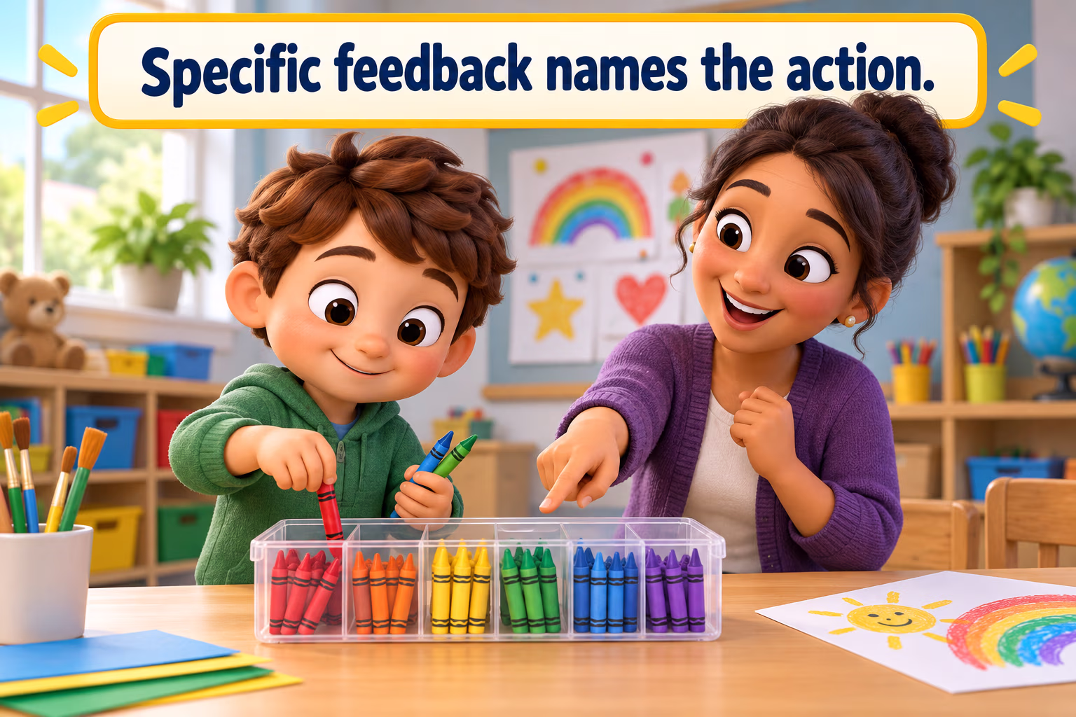 An educator gives specific feedback while a child puts crayons away.