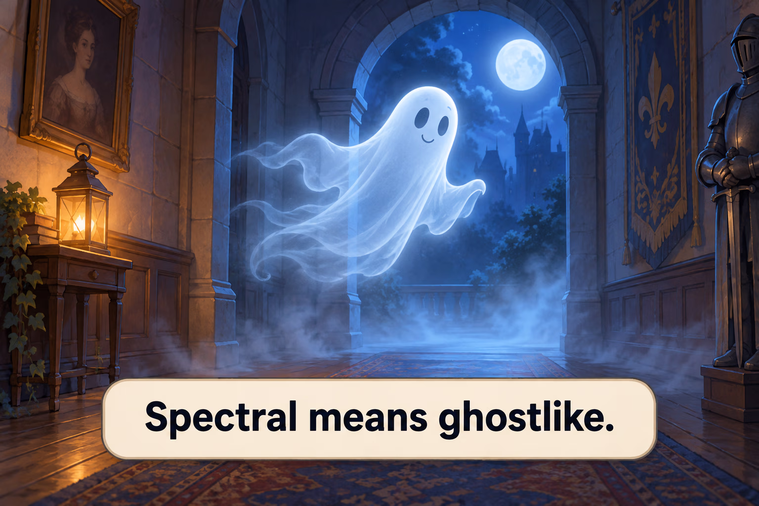 A translucent spirit-like figure drifts through a moonlit hallway, illustrating spectral.