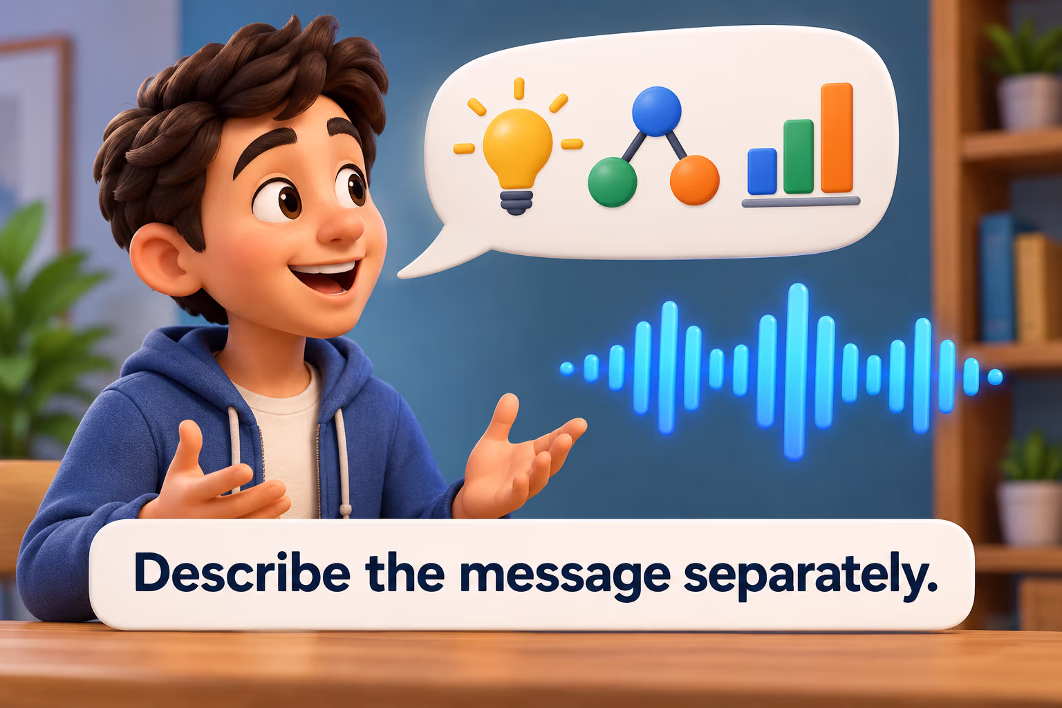 A speaker presents a speech bubble with idea, linked-concept, and evidence-chart icons alongside a separate sound wave. Teaching text: Describe the message separately.