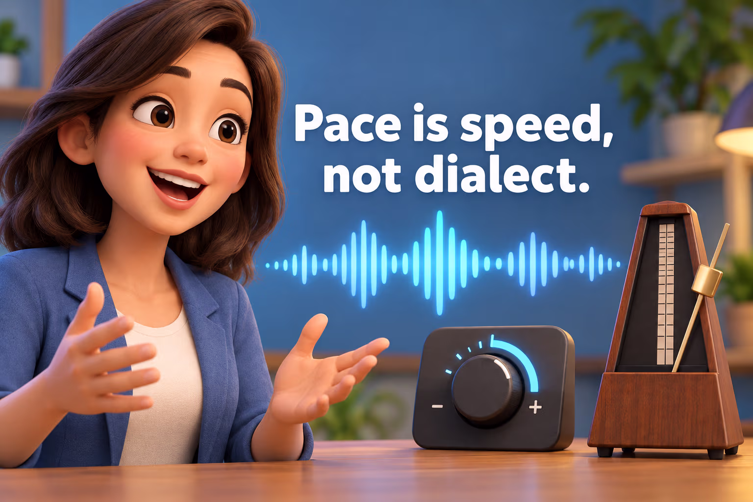 A speaker stands beside a sound wave, volume dial, and metronome to illustrate observable delivery features. Teaching text: Pace is speed, not dialect.