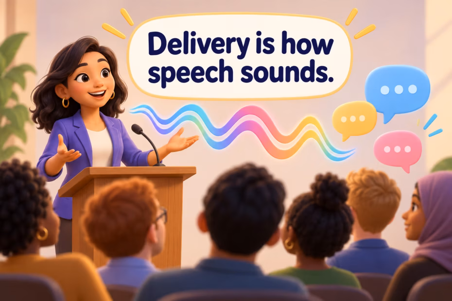 A presenter speaks at a lectern as colorful sound waves and speech bubbles reach an inclusive audience. Teaching text: Delivery is how speech sounds.