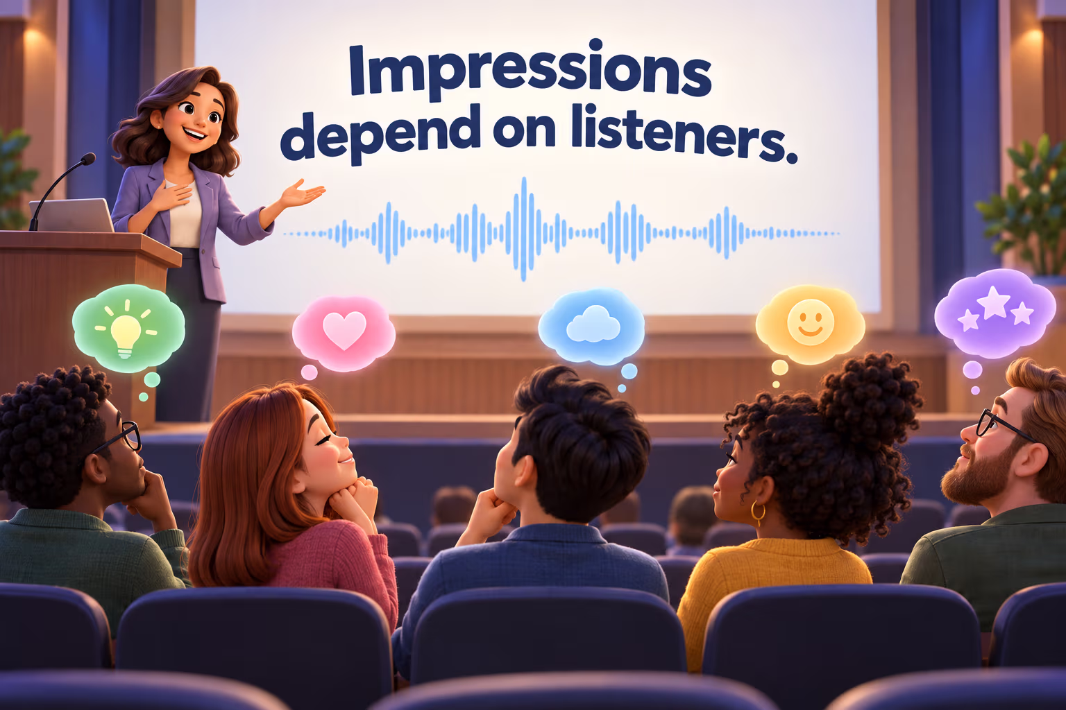 A presenter speaks while a diverse audience responds thoughtfully, with reaction icons shown apart from the sound wave. Teaching text: Impressions depend on listeners.