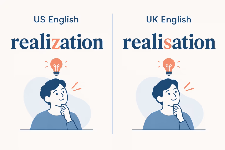 An editorial spelling guide compares US English realization with UK English realisation and advises consistent spelling.