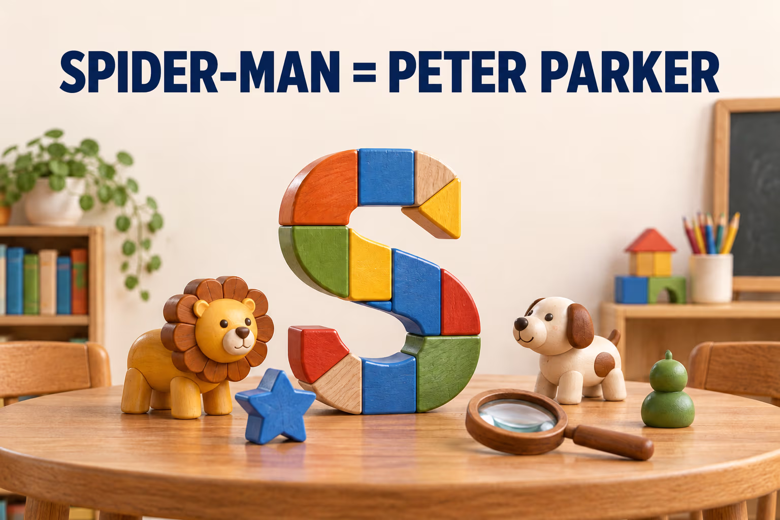 A playful 3D letter S classroom illustration labeled Spider-Man equals Peter Parker.