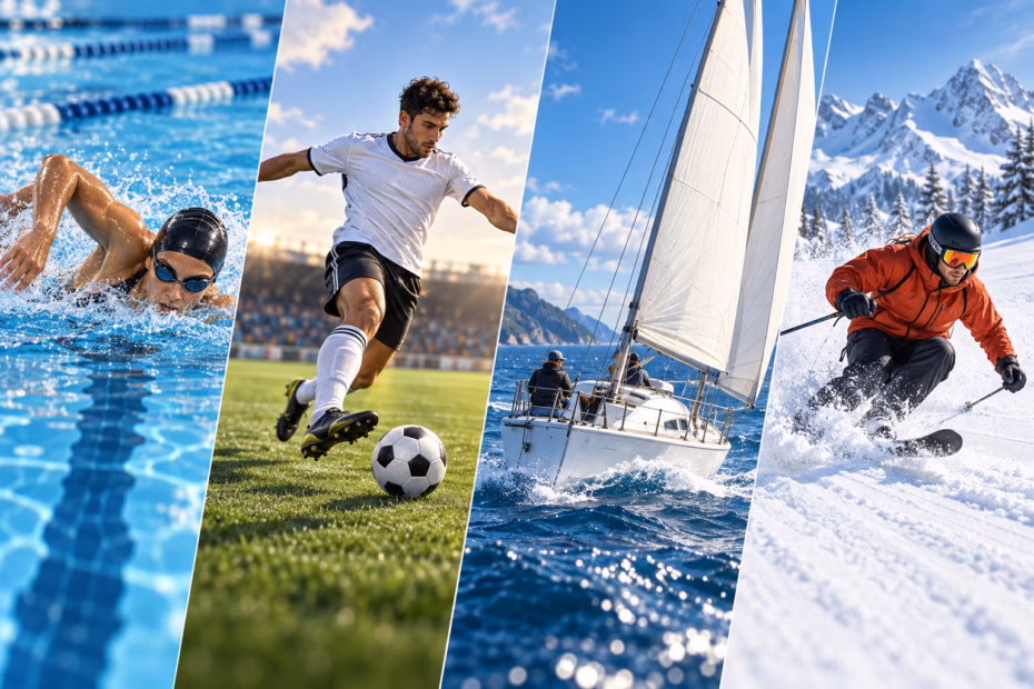 Four S sports shown in separate scenes: swimming, soccer, sailing, and skiing.