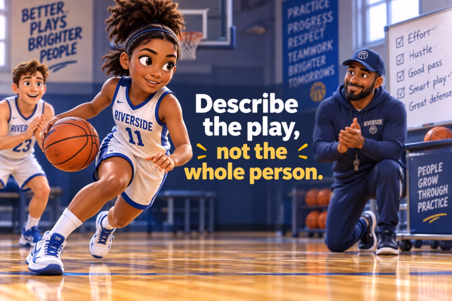 A basketball player drives toward the hoop as a teammate and coach watch. Text: “Describe the play, not the whole person.”