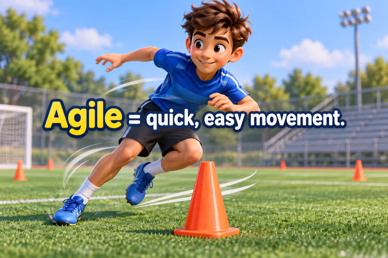 An athlete makes a quick sidestep around a training cone. Text: “Agile = quick, easy movement.”