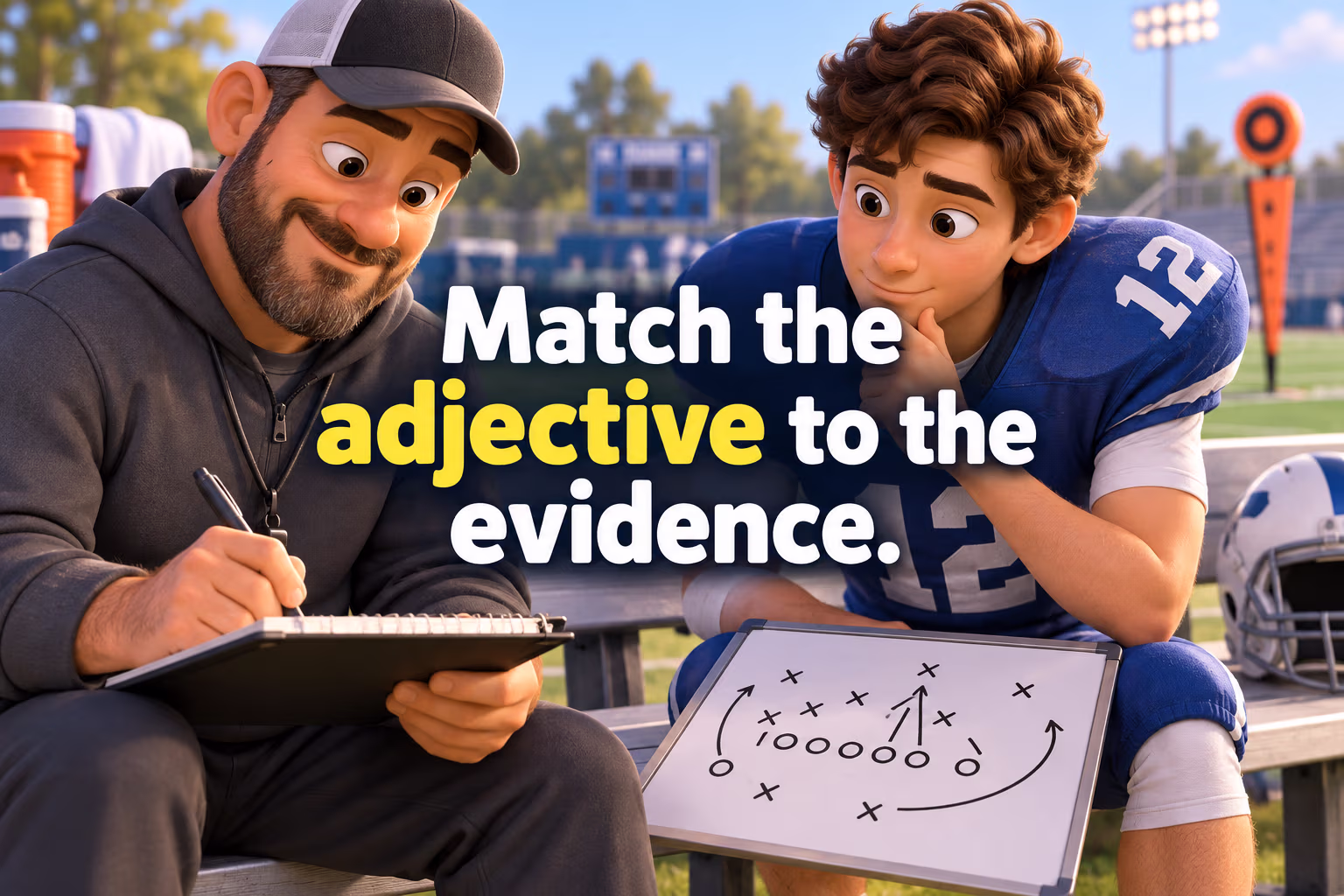 A coach and athlete review a play diagram together. Text: “Match the adjective to the evidence.”