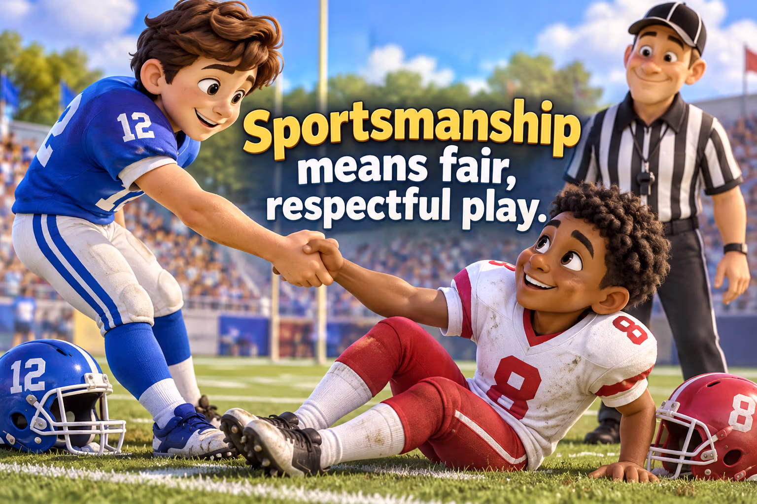 Two opposing athletes help each other up after a play while an official watches. Text: “Sportsmanship means fair, respectful play.”