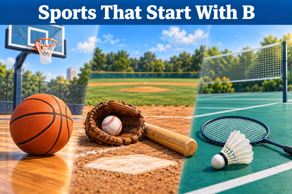 Basketball, baseball, and badminton equipment illustrate three familiar sports that start with B.
