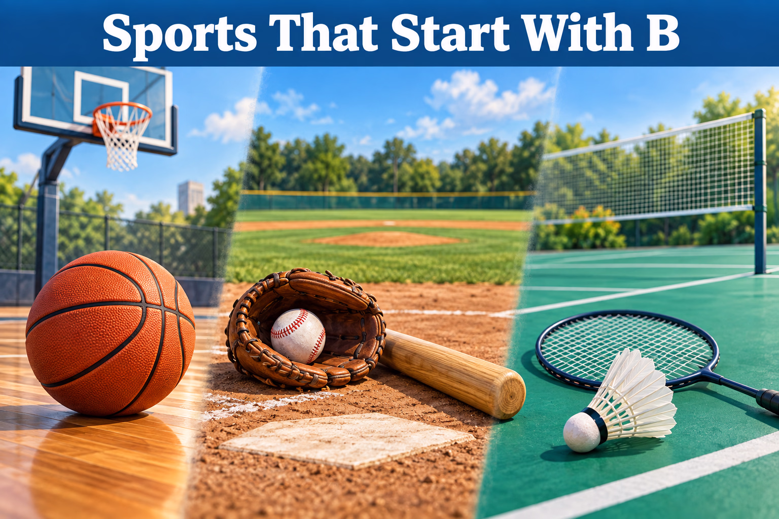Basketball, baseball, and badminton equipment illustrate three familiar sports that start with B.