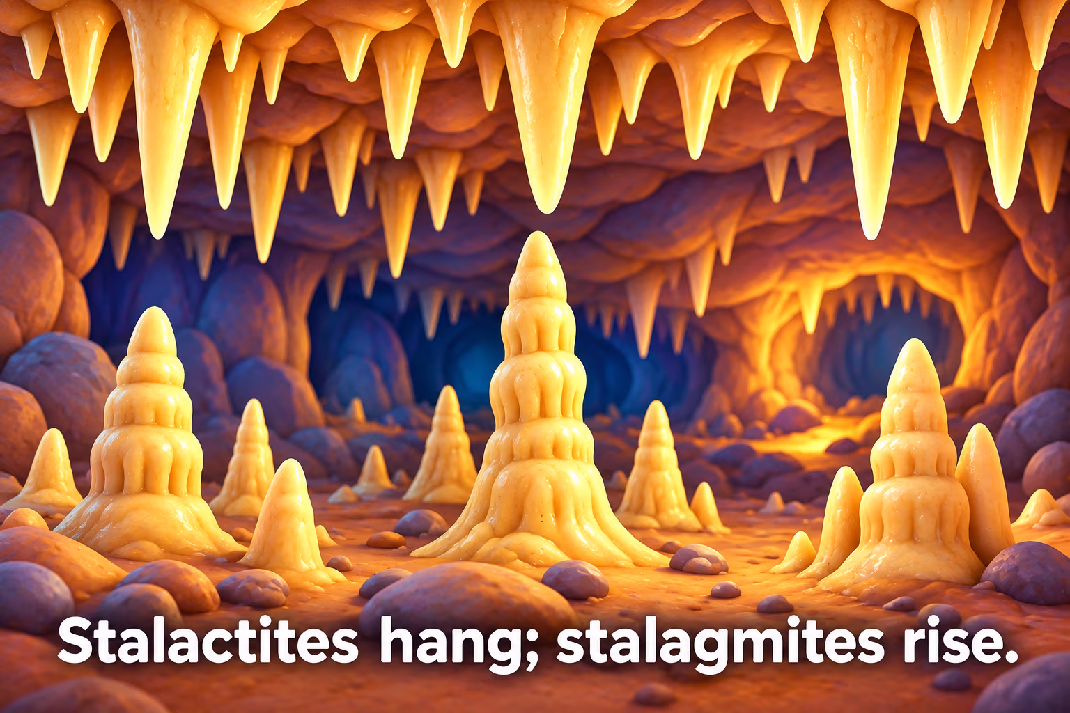 Stalactites hang from a cave ceiling while stalagmites rise from the floor, with a column where the formations meet.
