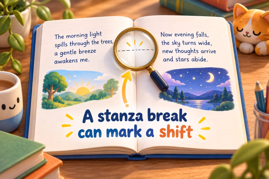 An open poetry notebook shows separate groups of verse lines, with the teaching point that a stanza break can mark a shift.