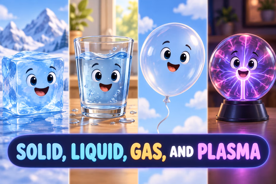 A cartoon ice cube, liquid water, balloon, and plasma globe illustrate four commonly discussed states of matter.