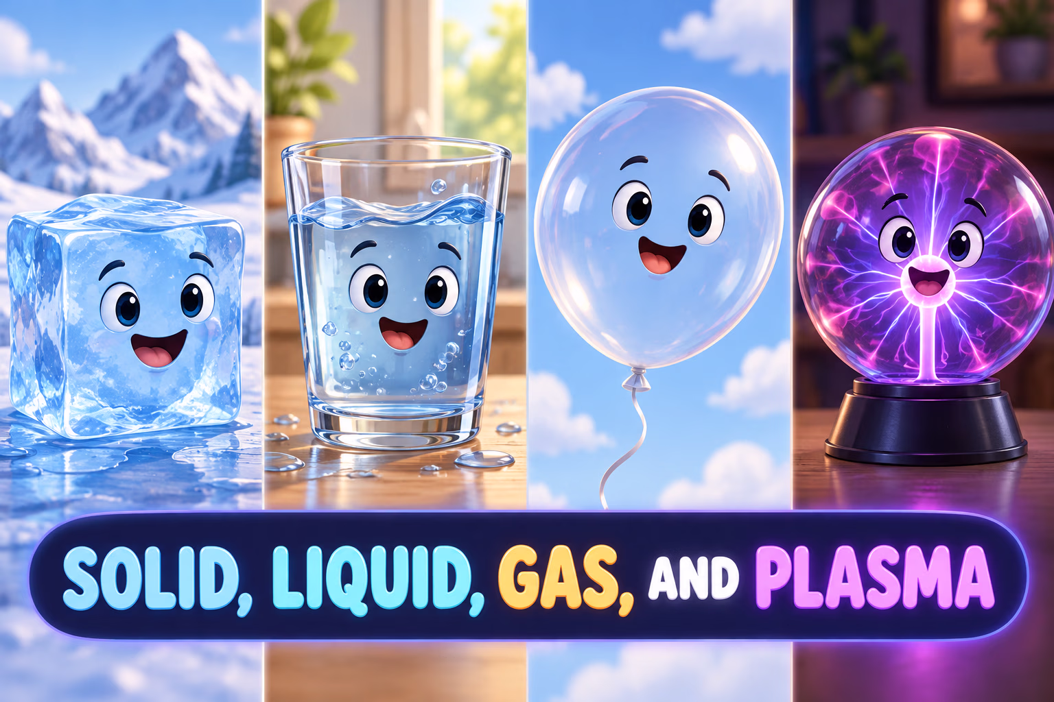 A cartoon ice cube, liquid water, balloon, and plasma globe illustrate four commonly discussed states of matter.