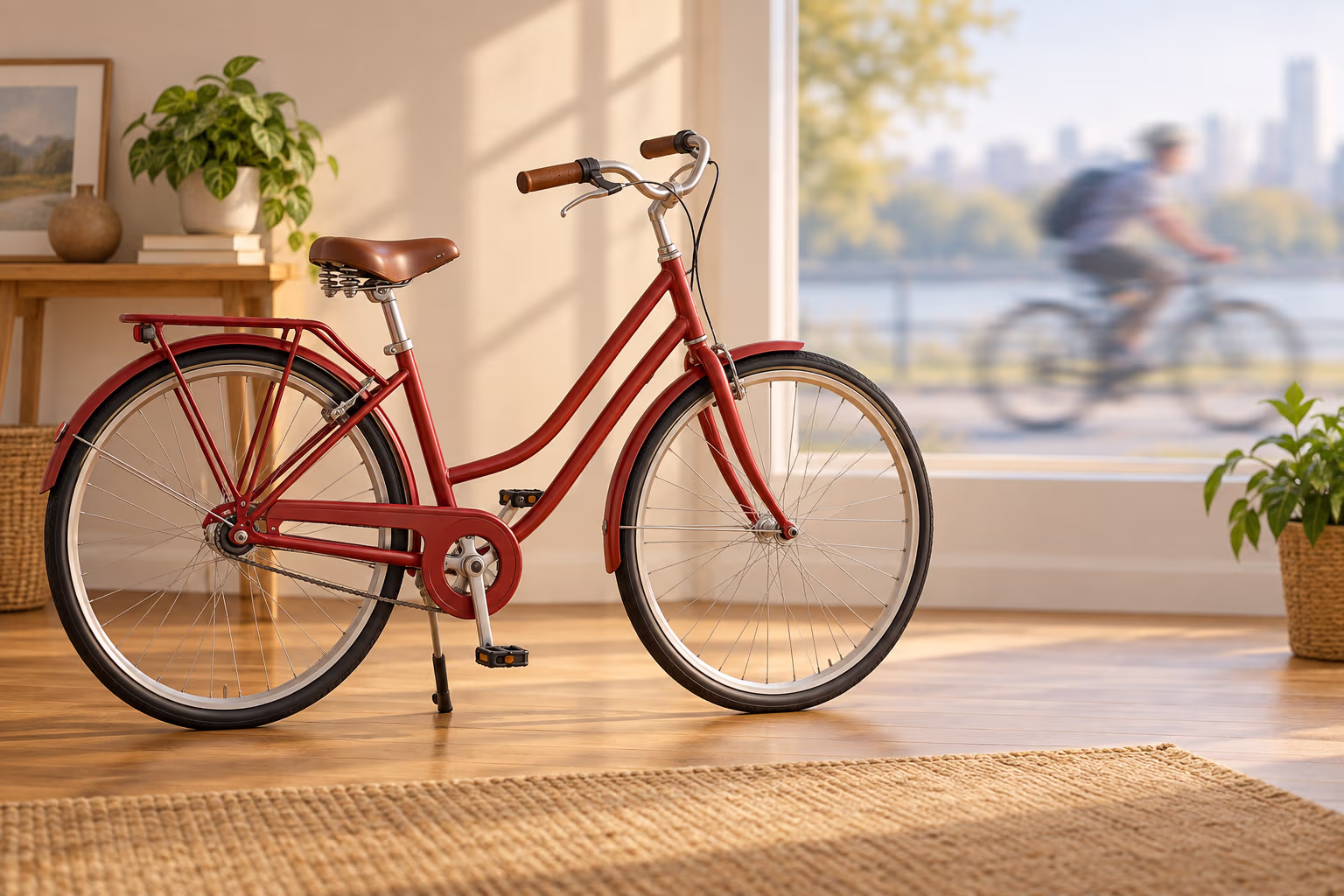 A red bicycle stands still indoors while another cyclist moves in the distant background.