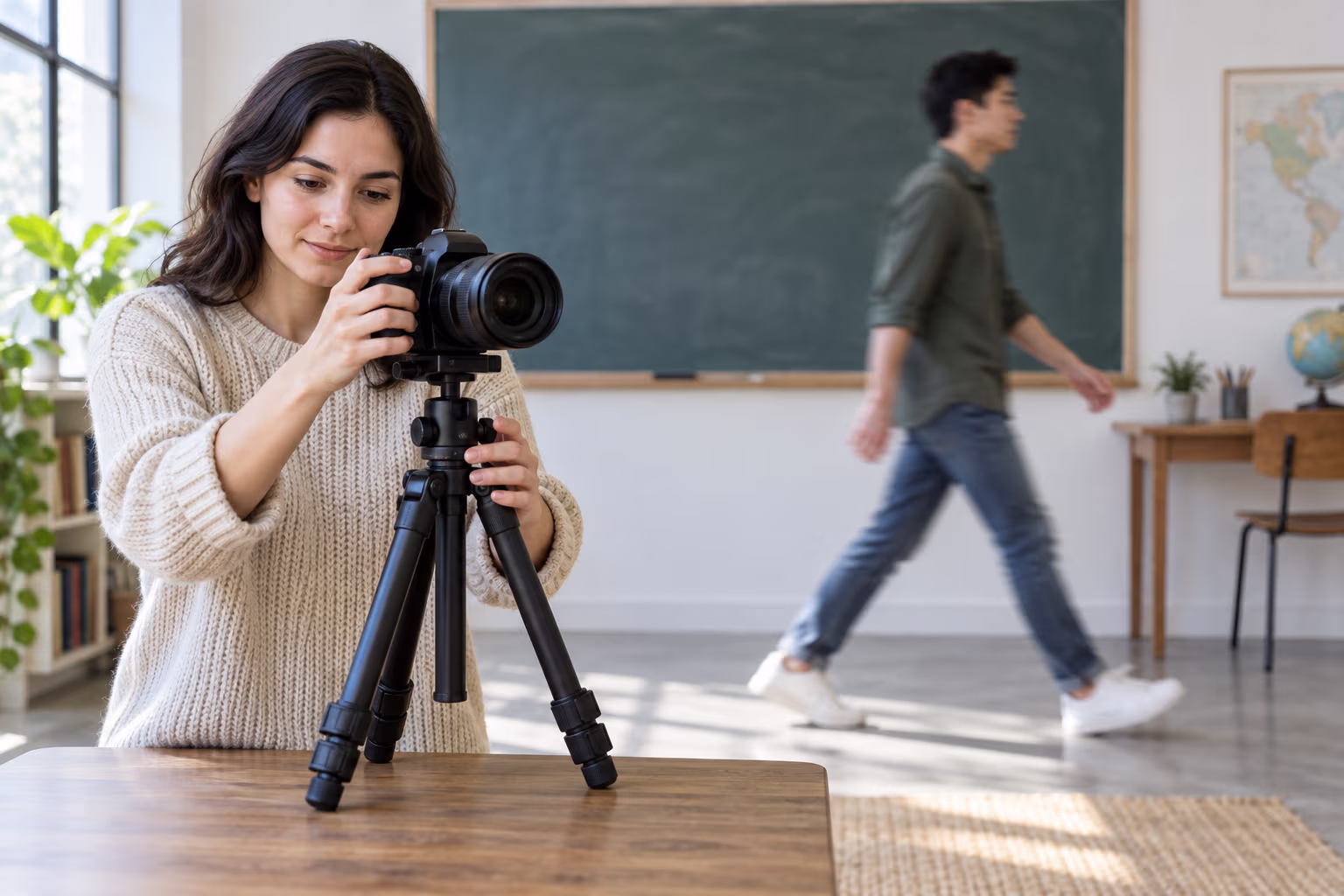 A photographer keeps a camera on a tripod still while a person walks through the background.
