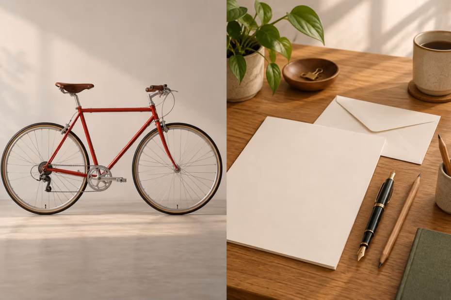 A motionless red bicycle beside a writing desk with paper, an envelope, a pencil, and a fountain pen, illustrating stationary versus stationery.